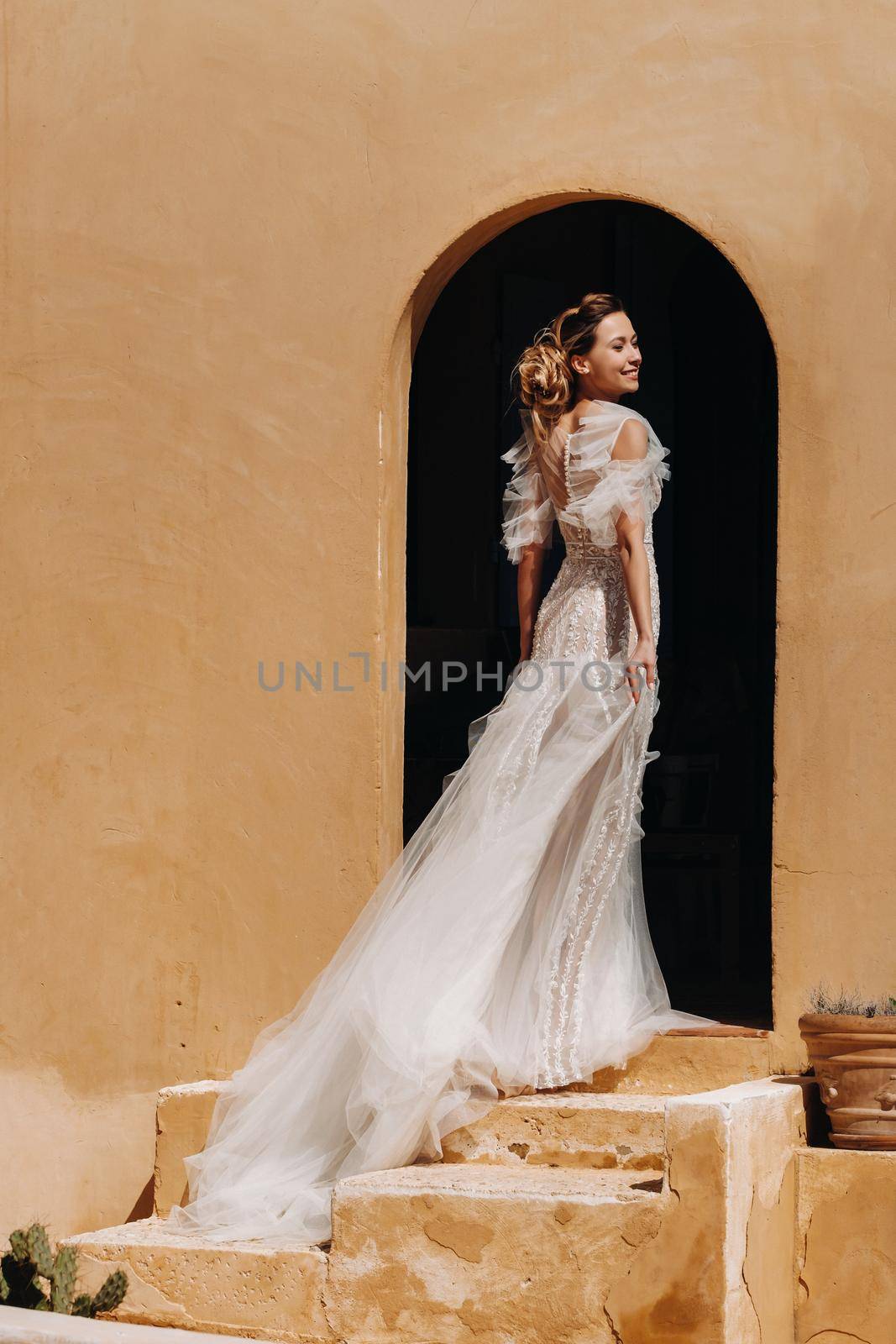 a beautiful bride with pleasant features in a wedding dress is photographed in Provence. Portrait of the bride in France.