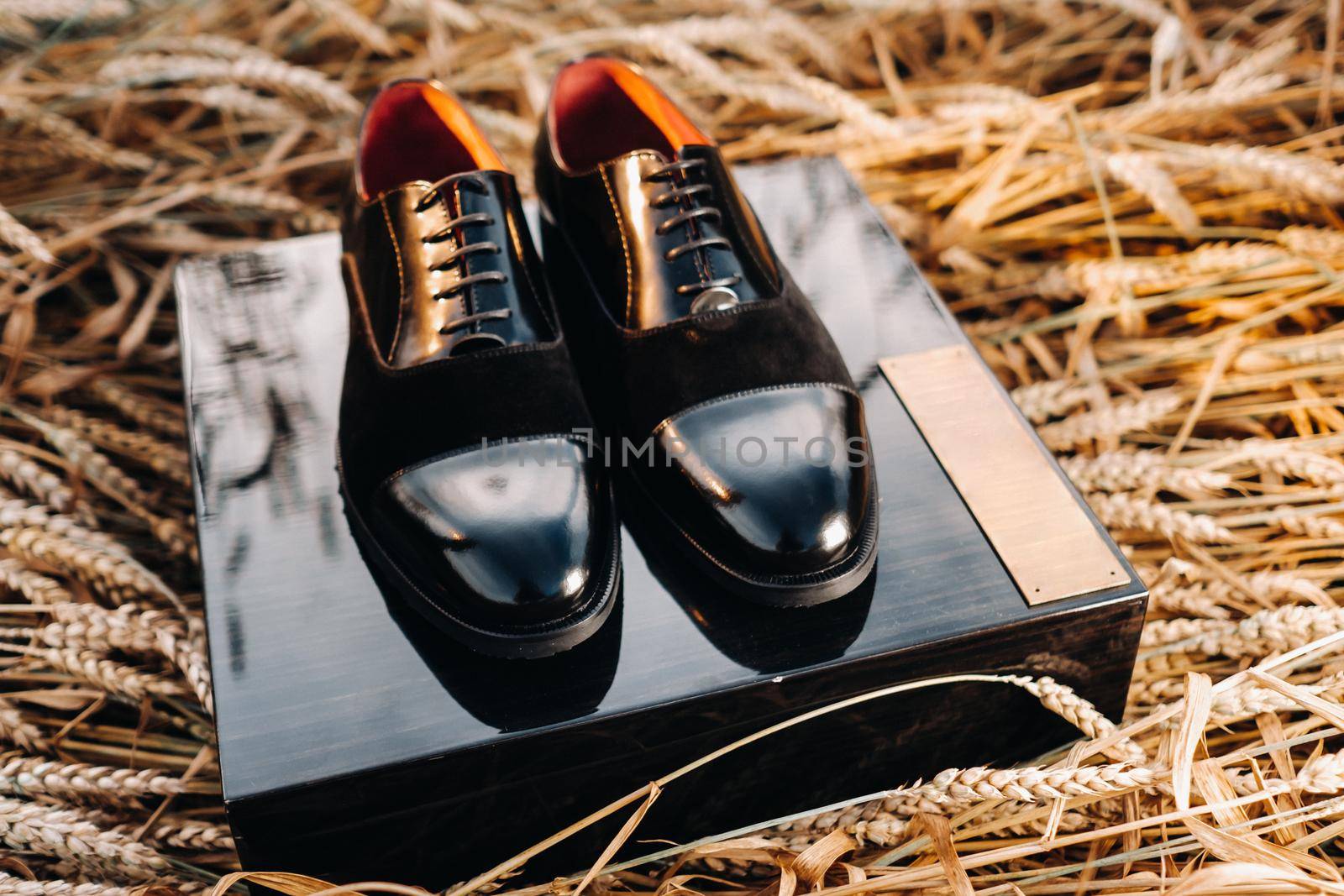 Classic black men's shoes are in the field on what.Shoes are on the box by Lobachad