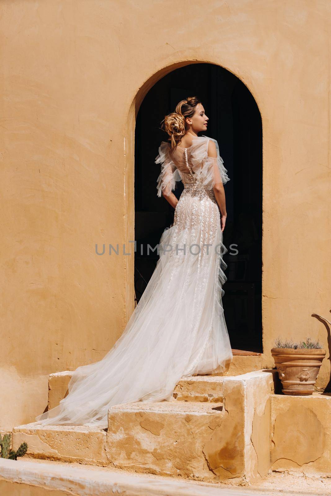 a beautiful bride with pleasant features in a wedding dress is photographed in Provence. Portrait of the bride in France.