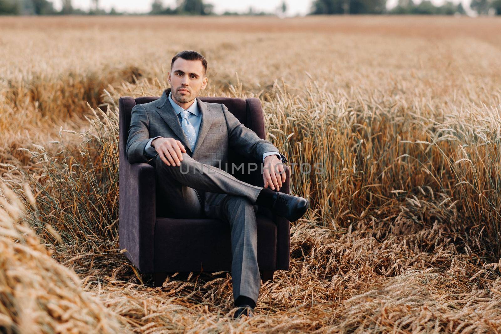 Portrait of a businessman in a gray suit and tie sitting in a chair in a wheat field by Lobachad