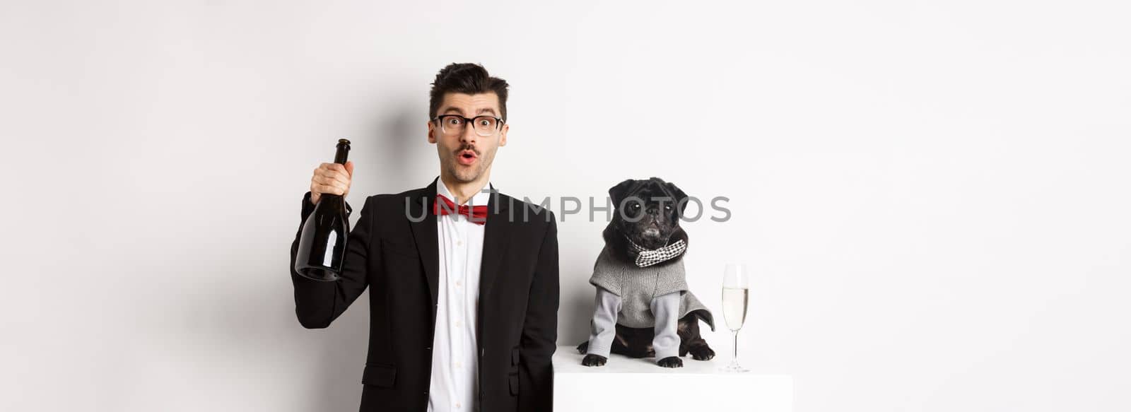 Pets, winter holidays and New Year concept. Cheerful man with cute black pug dog celebrating Christmas party, holding champagne bottle and smiling, white background.