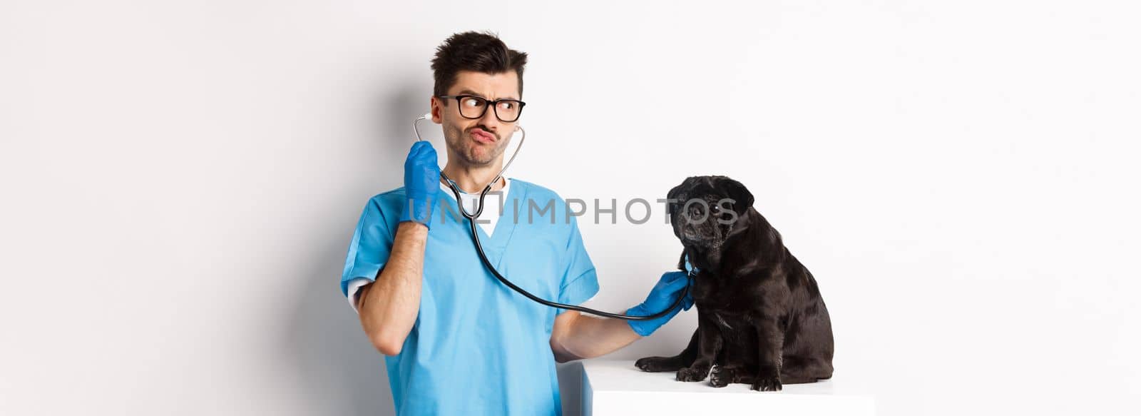 Confused male doctor veterinarian checking dog with stethoscope, looking puzzled, standing over white background.