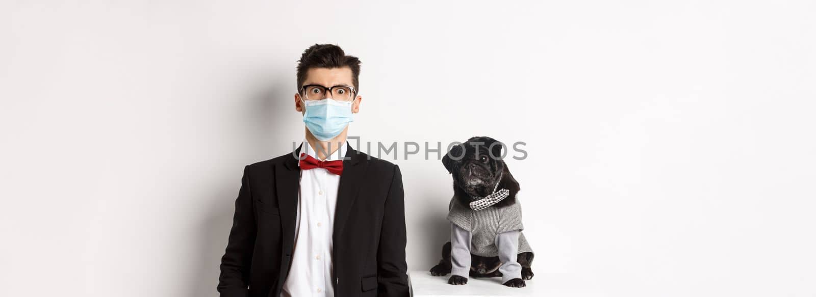 Coronavirus, pets and celebration concept. Handsome young man and dog wearing suits, guy have medical mask, standing over white background.