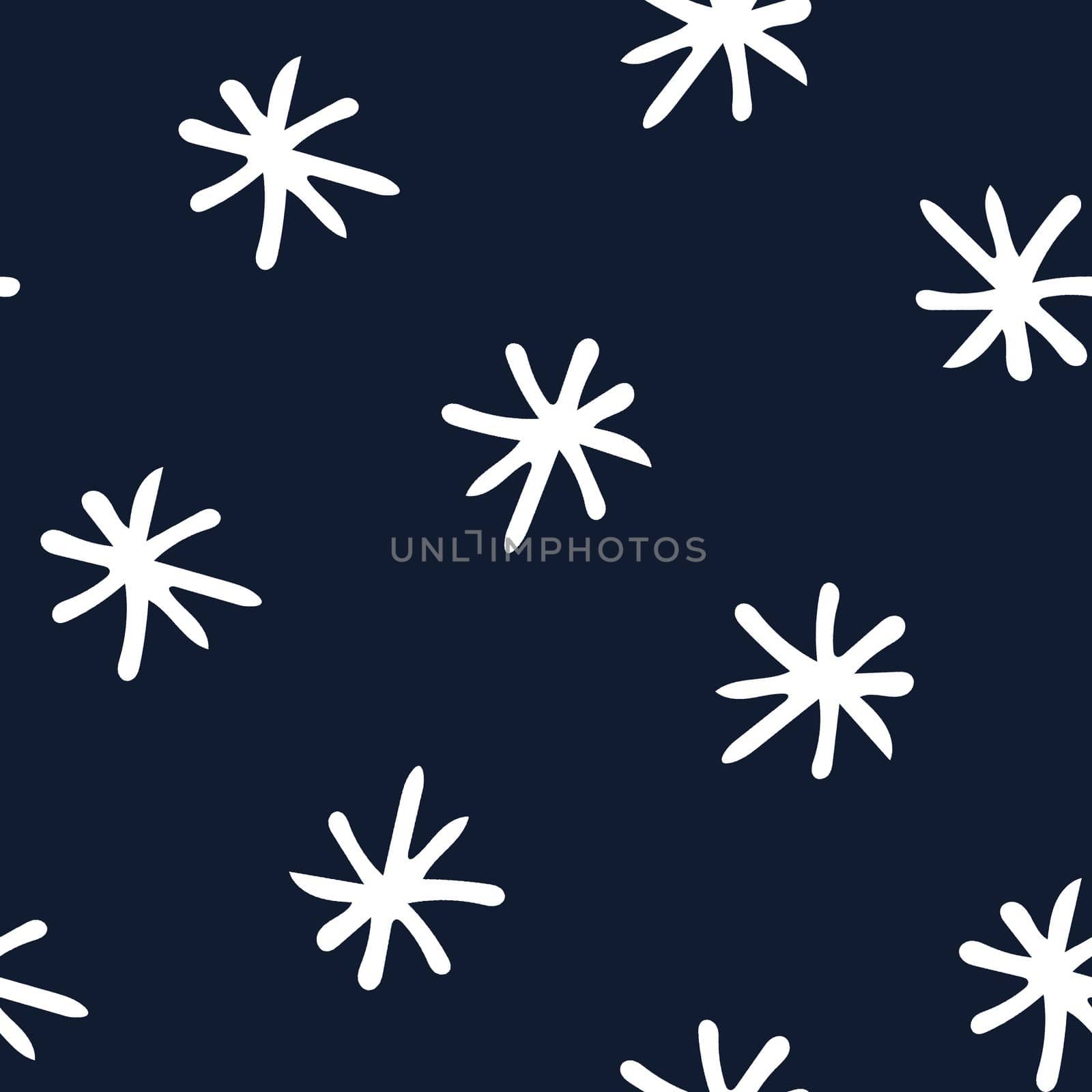 Seamless Pattern with White Snowflakes on Dark Blue Background. Abstract Hand-Drawn Doodle Snowflakes.