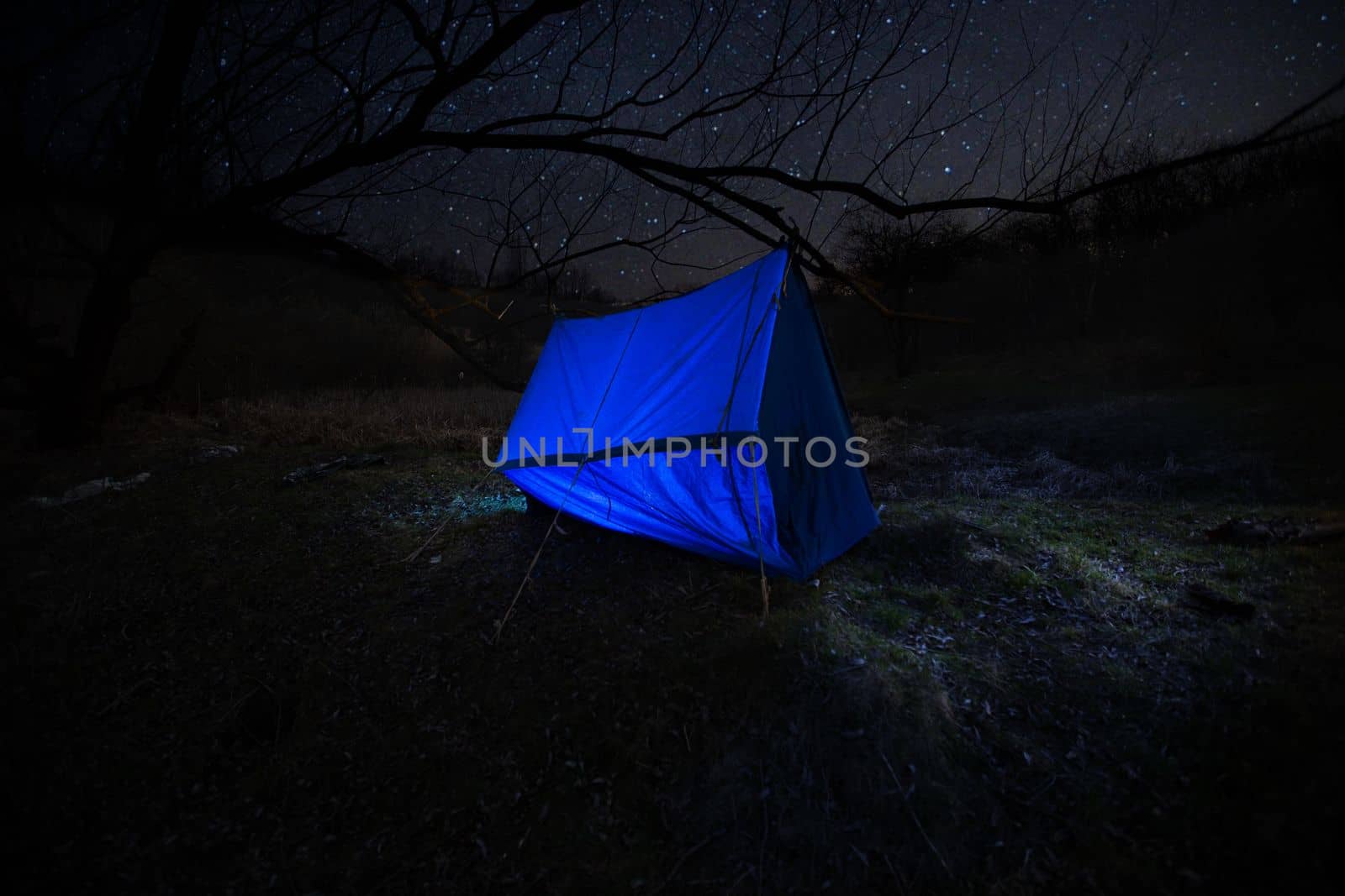 picnic tent at night. The family, mother and daughter, for the weekend went out into the countryside for a picnic, sit by the fire in the wild with a tent, fry potatoes, drink hot tea. High quality photo
