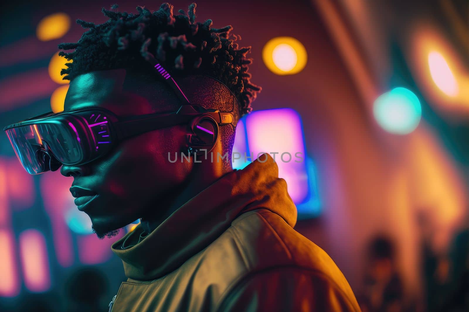 African man wearing virtual reality goggles standing in virtual world background . Concept of virtual reality technology , gaming simulation and metaverse. Peculiar AI generative image.