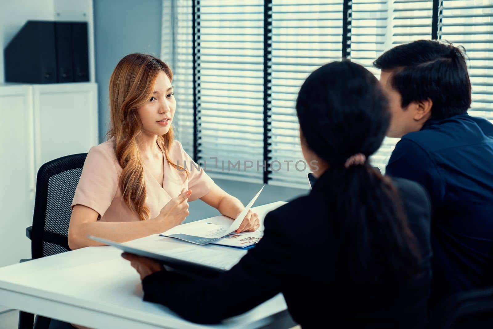A young female asian candidate tries to impress her interviewer by being competent. International company, multicultural environment in workplace.