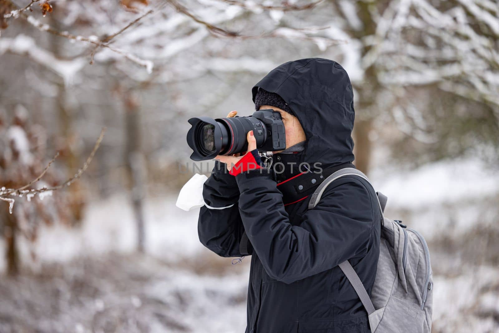 Woman with professional camera equipment taking a photo in winter forest, Germany