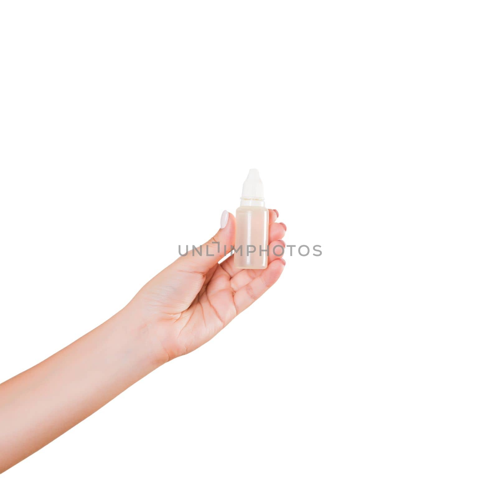 Female hand holding cream bottle of lotion isolated. Girl give tube cosmetic products on white background by Snegok1967