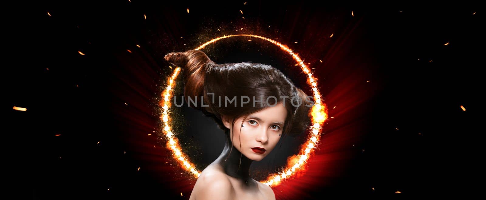 A girl in a glowing neon circle. Woman in color body painting on her face. Design for a poster for a nightclub or karaoke bar on helloween,