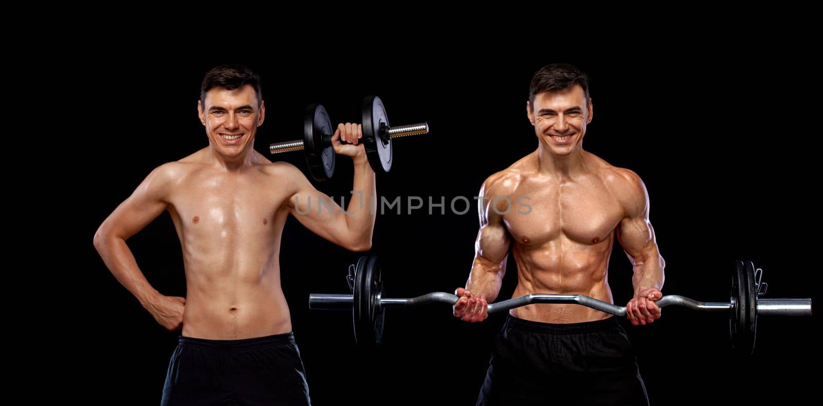 Athlete bodybuilder. Before - after coronavirus self isolation. Strong muscular athletic man pumping up muscles with barbell on black background. Workout bodybuilding concept. by MikeOrlov