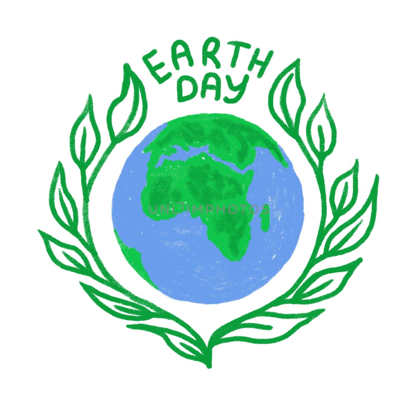 Hand drawn illustration of Earth Day globe planet ecology protection. Blue green sphere with ocean land, ecological environmental concept, pollution icon symbol, cartoon style modern poster