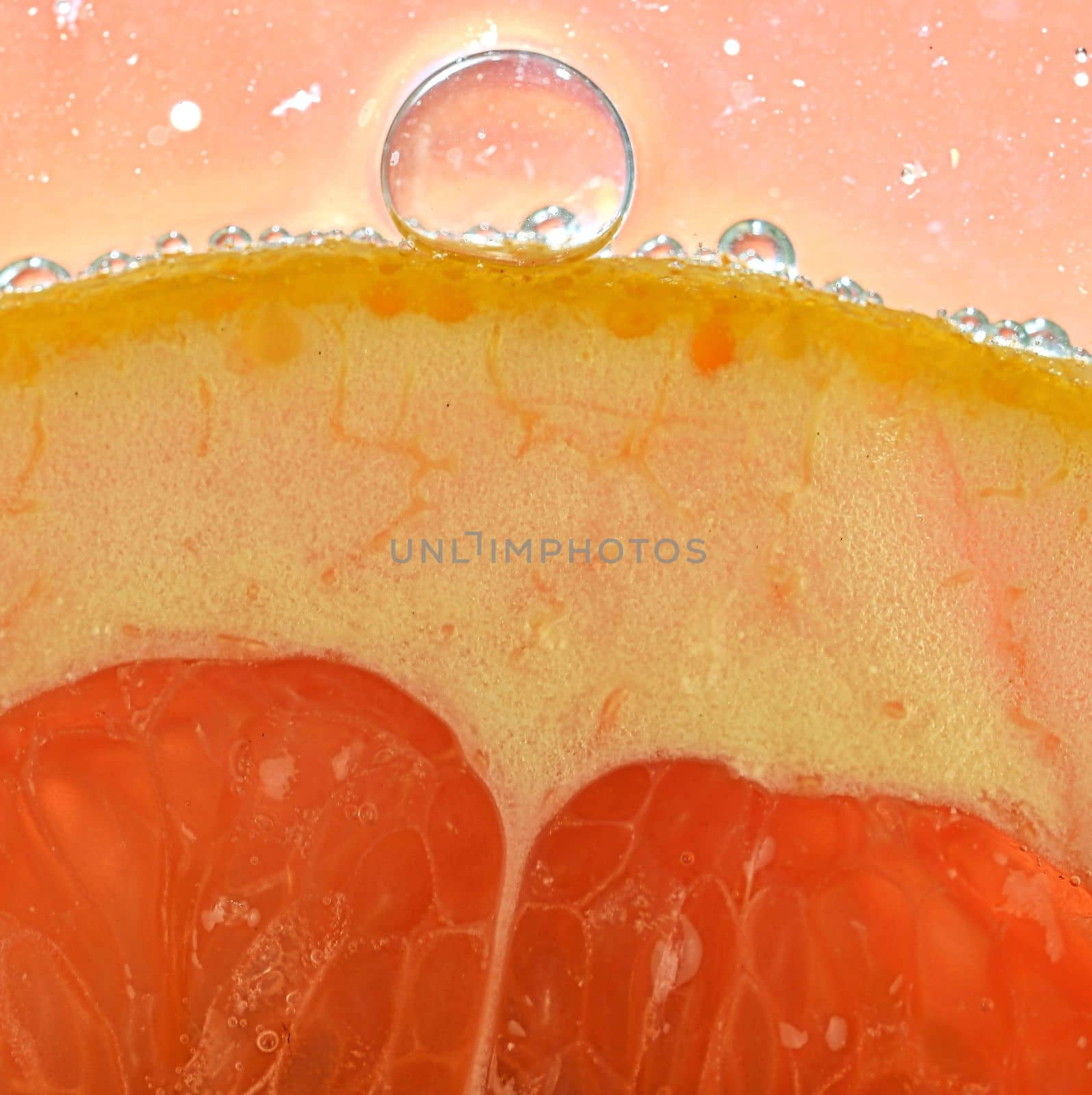 Slice of red grapefruit in water on white background. Grapefruit close-up in liquid with bubbles. Slice of red ripe grapefruit in water. Macro image of fruit in water by roman_nerud