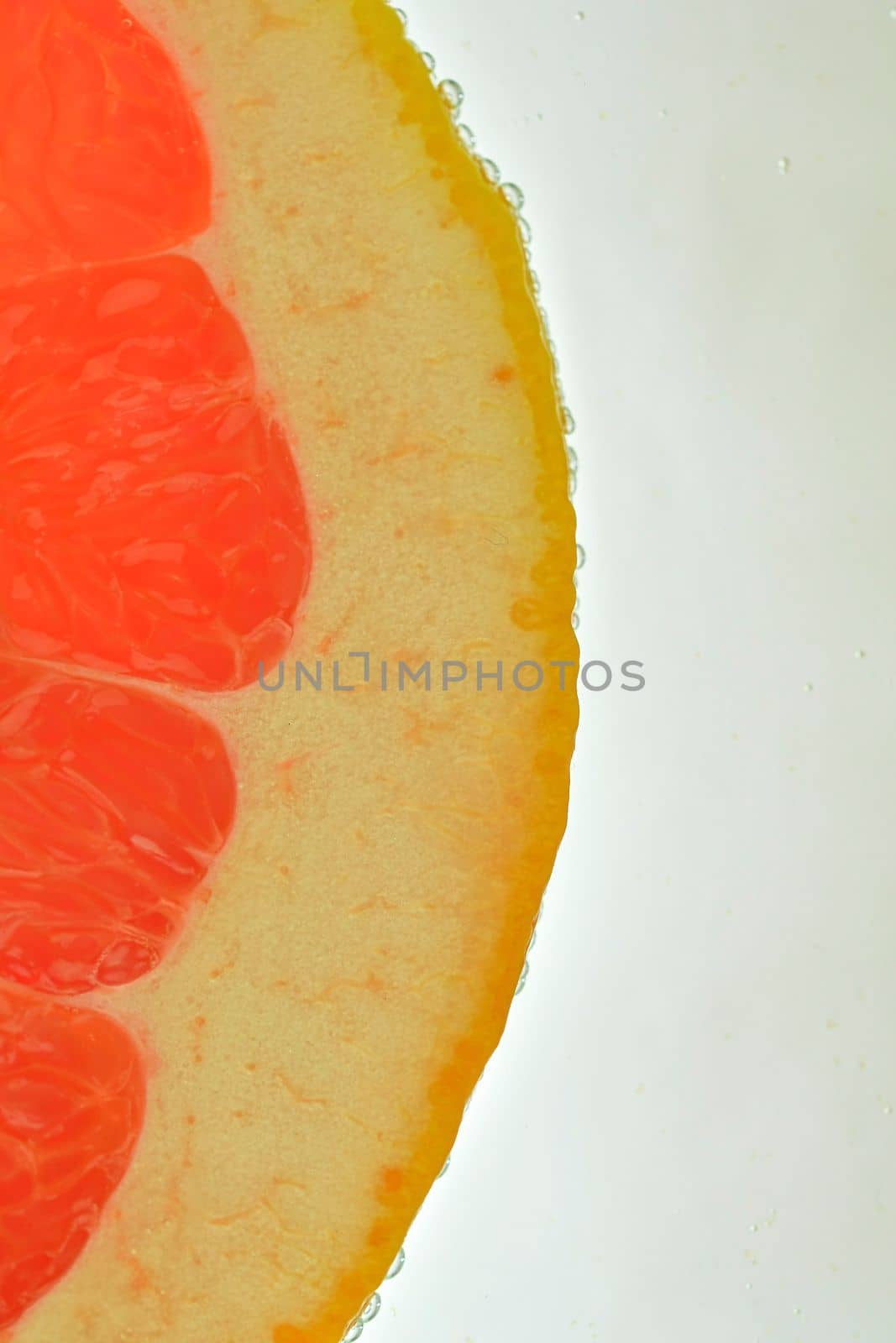 Fresh organic grapefruit slice on white background. Grapefruit close-up. Slice of blood red ripe grapefruit. Texture of red juicy grapefruit. Macro verical image.