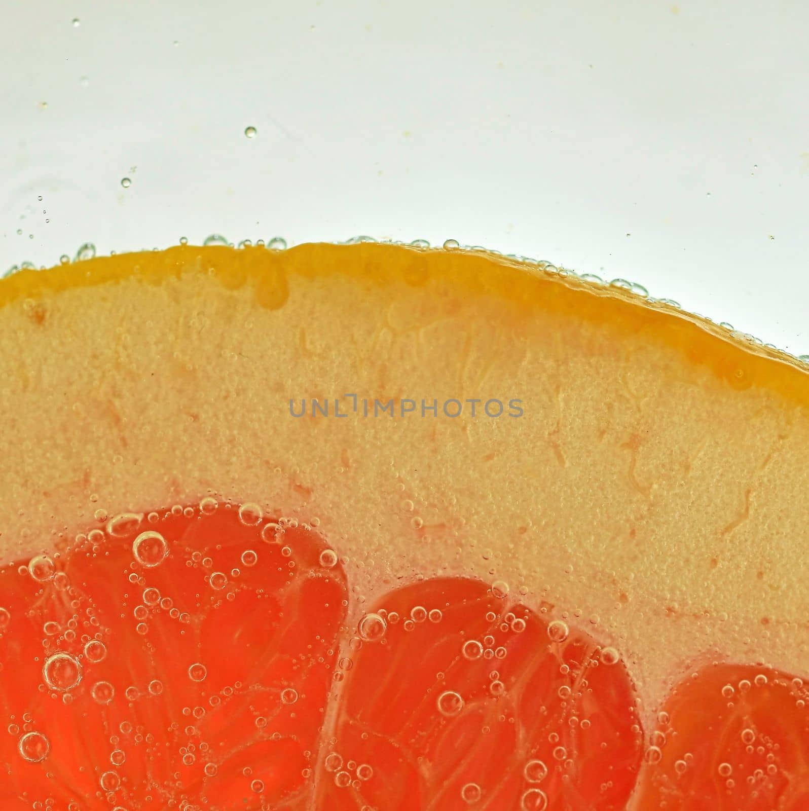 Close-up of fresh grapefruit slice on white background. Slice of red grapefruit in sparkling water on white background, close-up. Horizontal image.