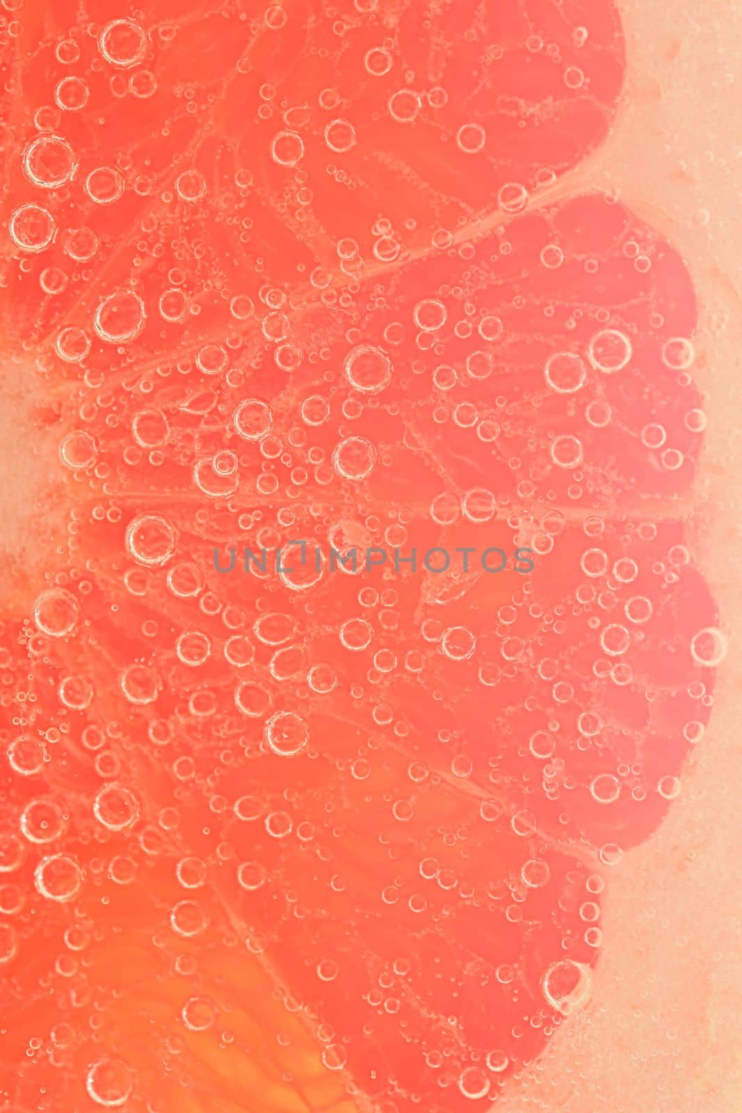 Slice of grapefruit in sparkling water. Grapefruit slice covered by bubbles in carbonated water. Grapefruit slice in water with bubbles by roman_nerud