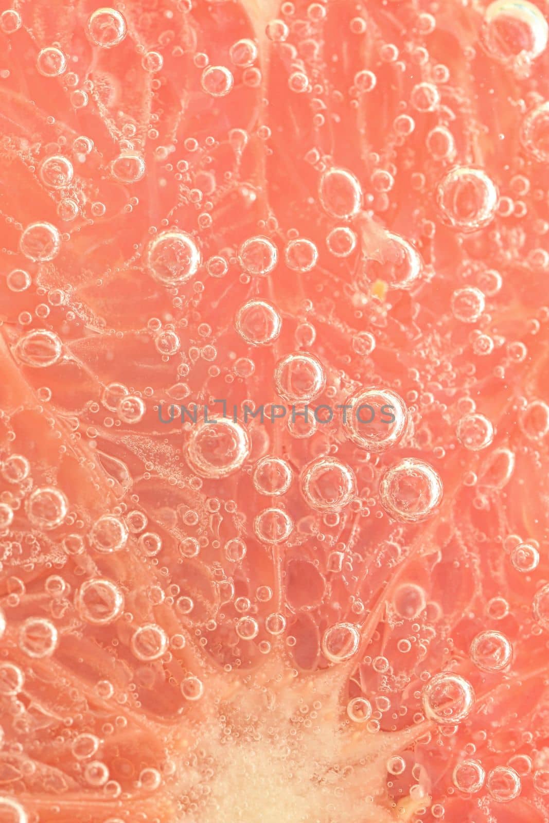 Slice of grapefruit in sparkling water. Grapefruit slice covered by bubbles in carbonated water. Grapefruit slice in water with bubbles.