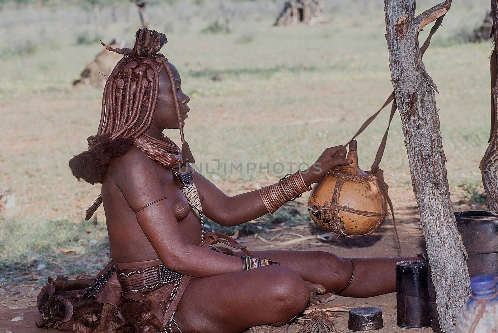 May 15, 2005. portrait of unidentified Himba woman with the traditional hairstyle, necklace and the typical ochre tinted skin. Epupa Falls, Kaokoland or Kunene Province, Namibia, Africa