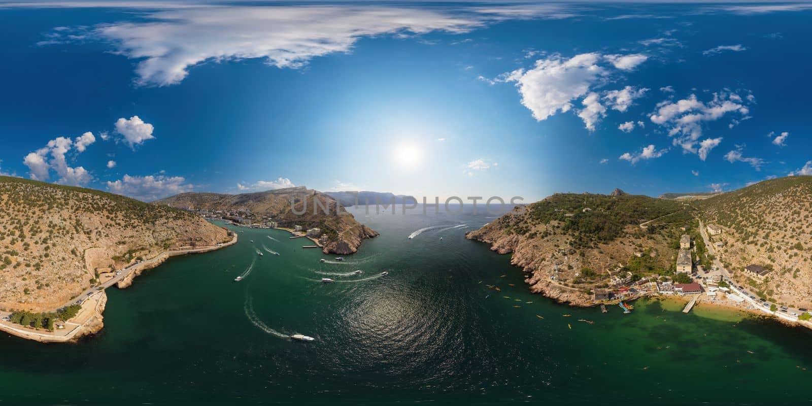 Aerial panoramic view of Balaklava landscape with boats and sea in marina bay. Seamless 360 degree spherical equirectangular panorama. Drone top view shot of port for luxury yachts and sailboats. by panophotograph