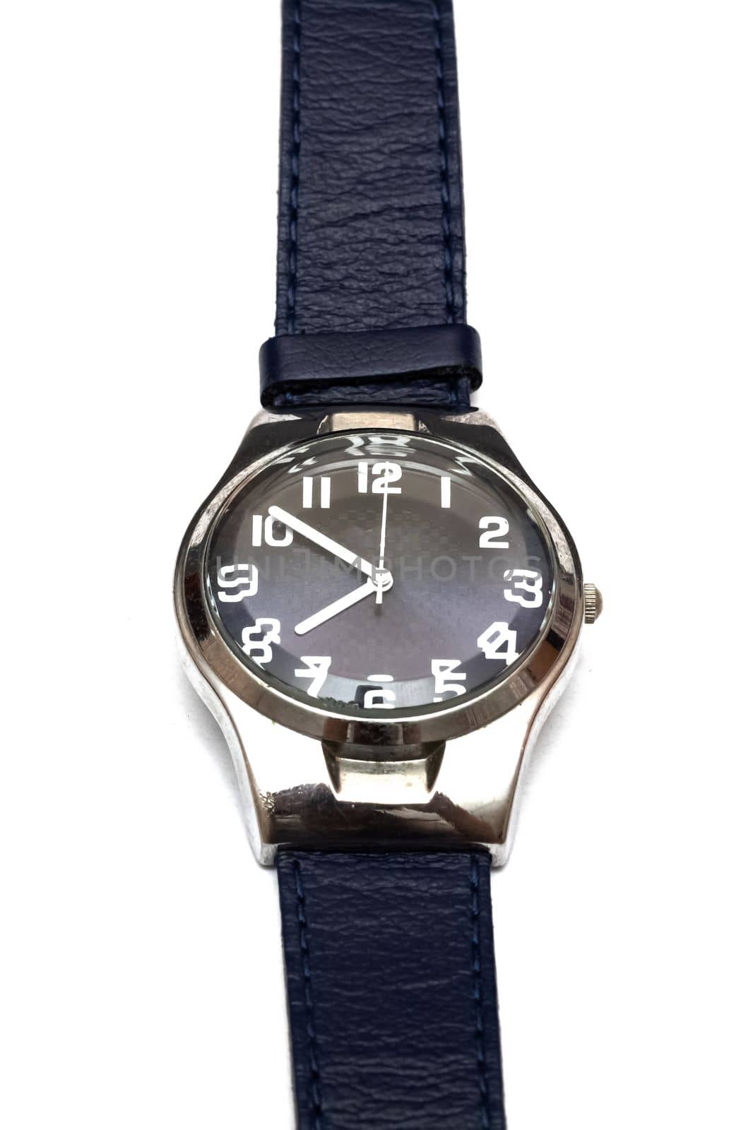 Blue wristwatch close up isolated on a white background