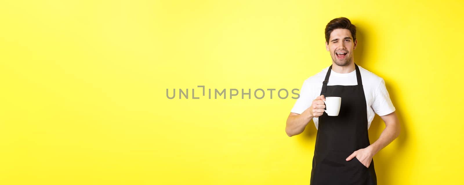 Cheerful barista in black apron serving coffee and winking, standing against yellow background by Benzoix