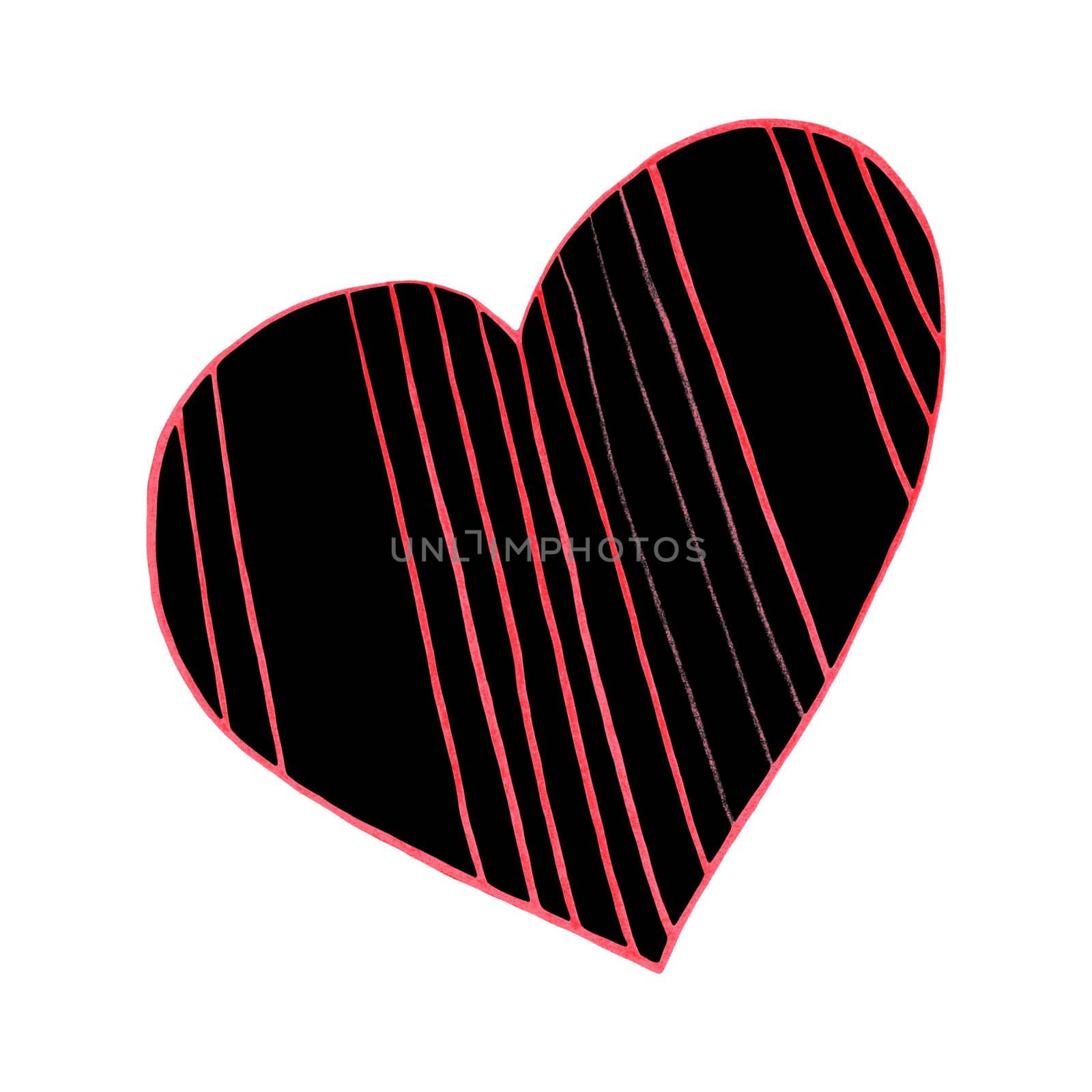 Red and Black Heart Drawn by Colored Pencil. The Sign of World Heart Day. Symbol of Valentines Day. Heart Shape Isolated on White Background.