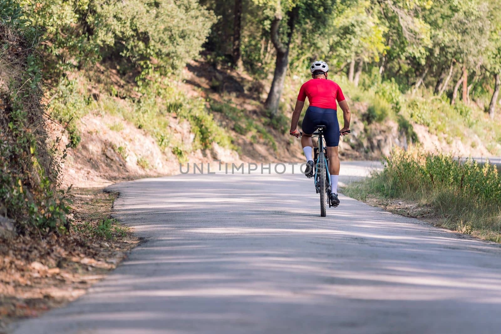 rear view of a cyclist riding relaxed with his mountain bike on a forest road, concept of freedom and sport in nature