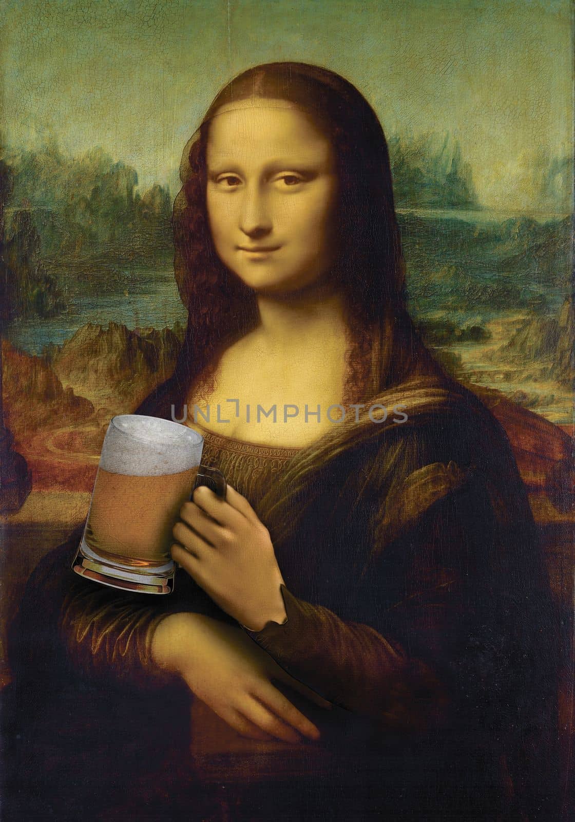 Art work collage Mona Lisa Giaconda holding a glass of beer. High quality photo