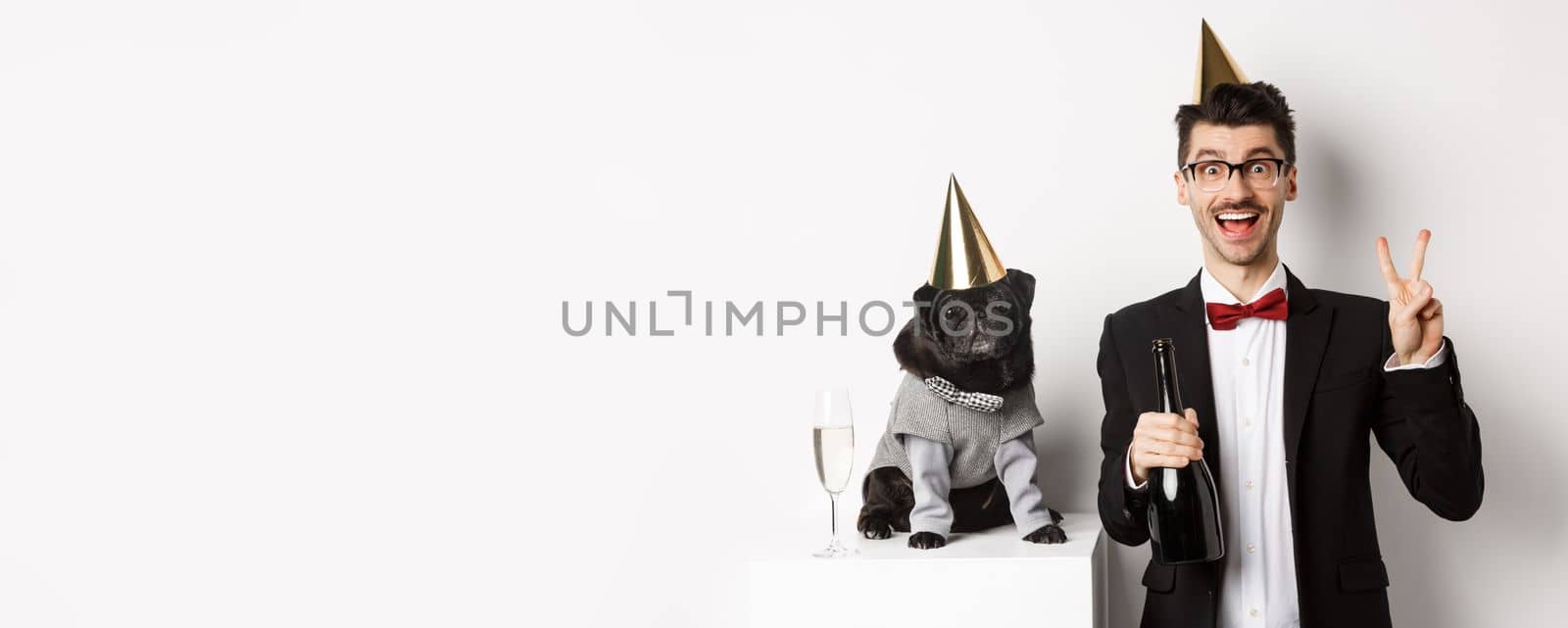 Small black dog wearing party hat and standing near happy man celebrating holiday, owner showing peace sign and holding champagne bottle, white background.