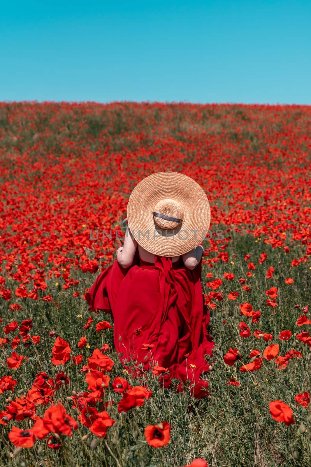 Young woman stands with her back in a long red dress and hat, posing on a large field of red poppies.