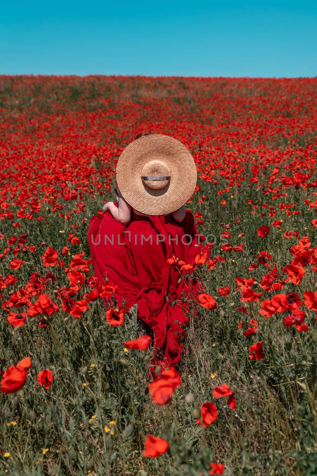 Young woman stands with her back in a long red dress and hat, posing on a large field of red poppies.