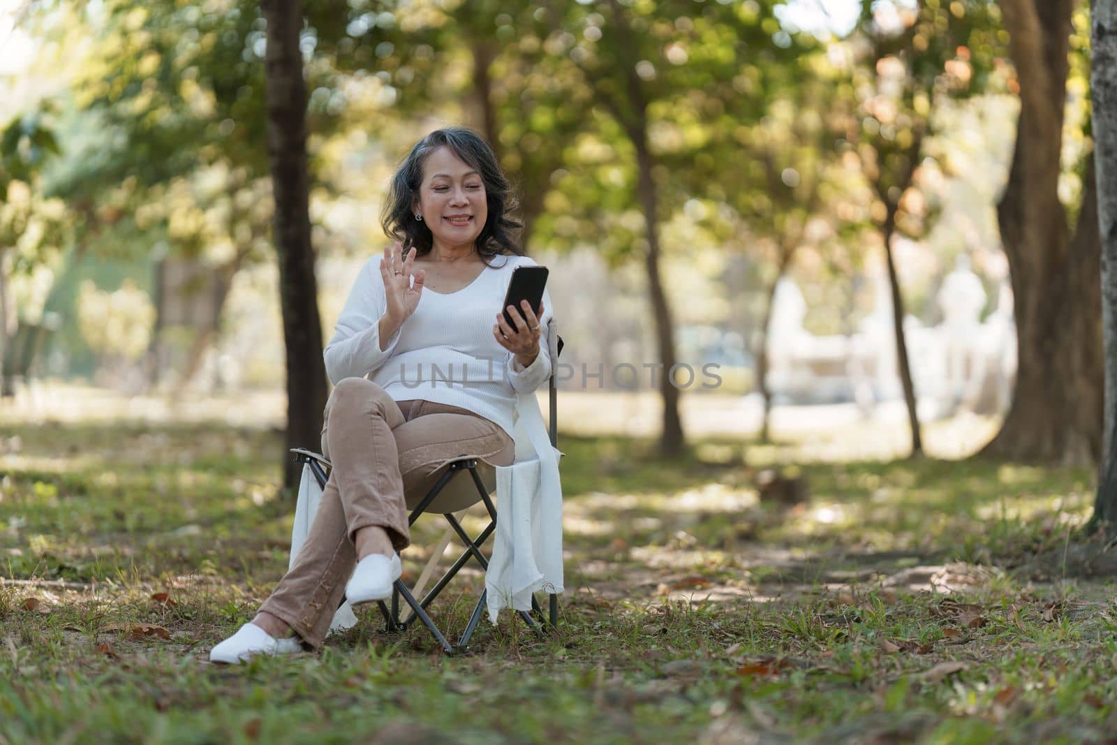 Happy senior asian woman at outdoor park and talking on video call with family.