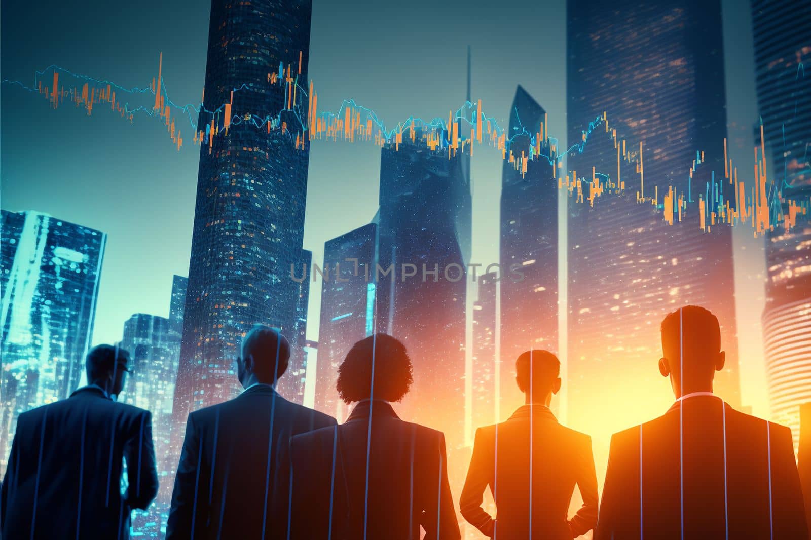 Businessmen looking at a skyscraper and a price chart. A group of European businessmen standing in front of the city with a layout of the place. The concept of down, fall, finance and crisis by gulyaevstudio