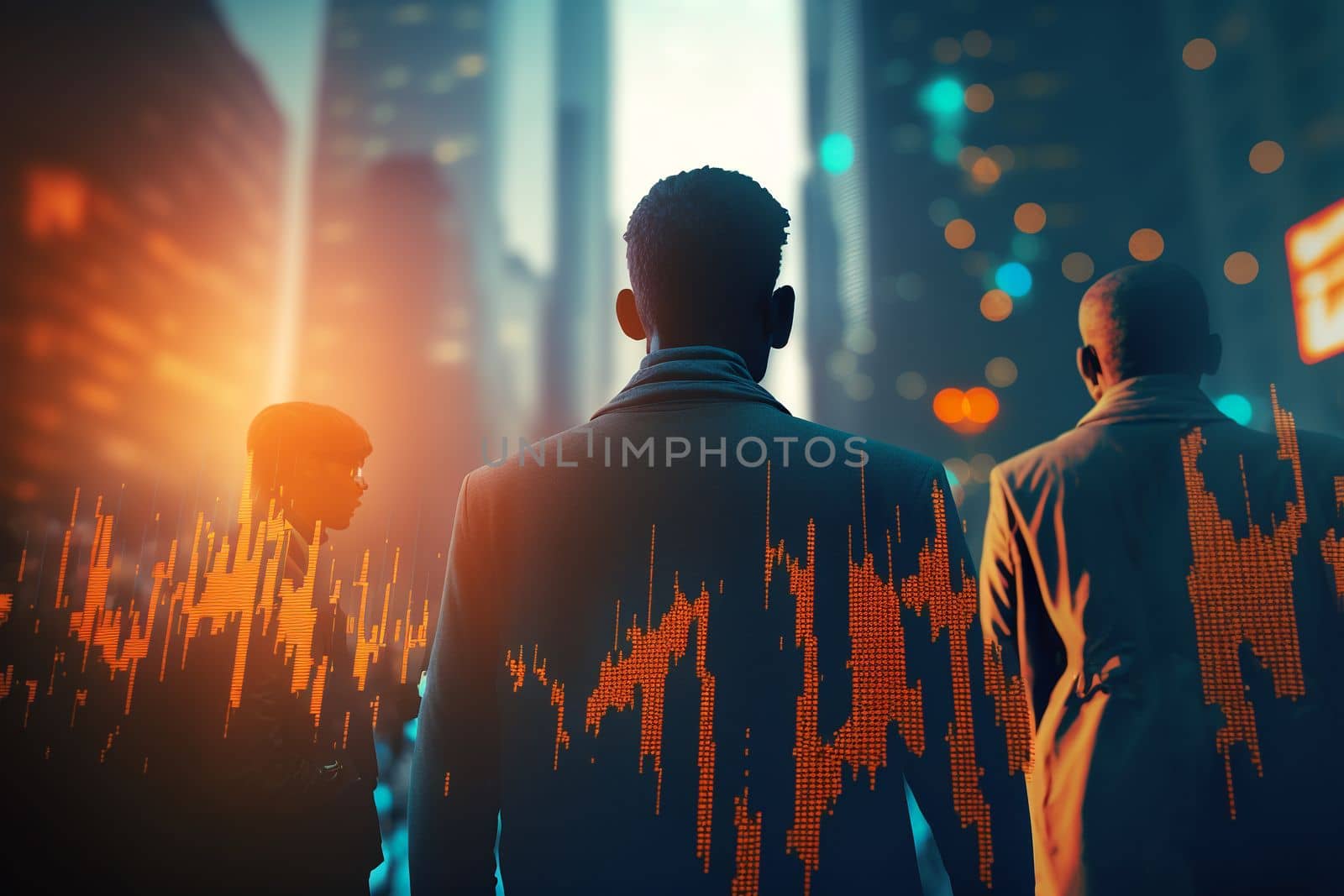 Businessmen looking at a skyscraper and a price chart. A group of European businessmen standing in front of the city with a layout of the place. The concept of down, fall, finance and crisis.