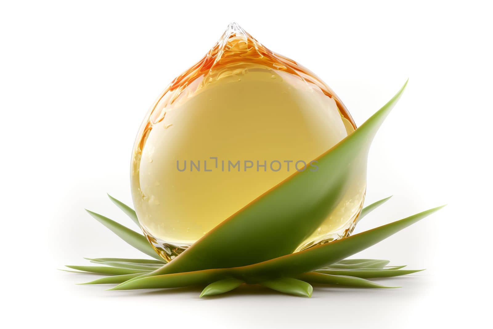 Aloe vera leaf close-up of a drop of aloe juice, isolated on a white background