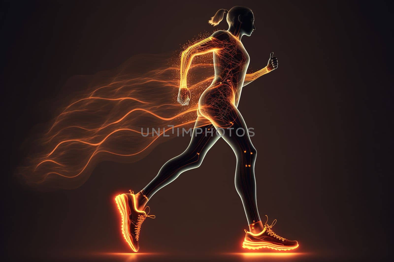 Woman running on a dark background in the form of glowing lines. Digital composite of a woman doing sports. The concept of sports by gulyaevstudio