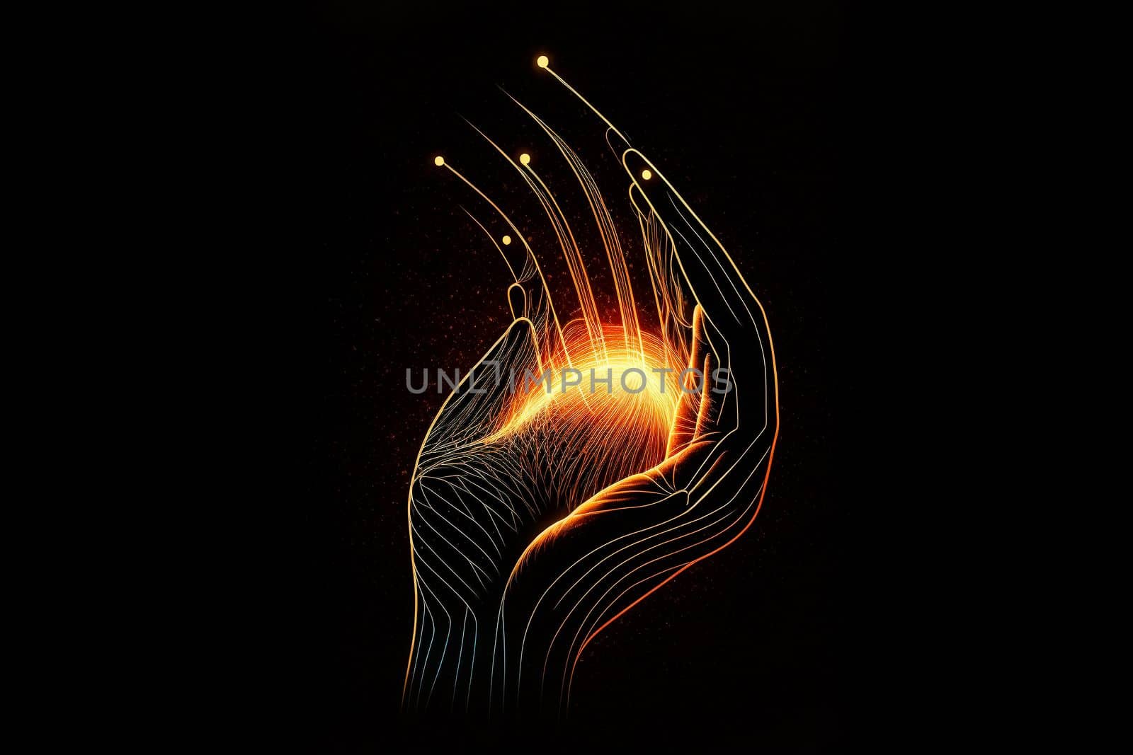 Modern abstract concept of energy. Future energy in human hands Hand in the form of luminous lines. Technological motion pattern for banner or poster background concept. by gulyaevstudio
