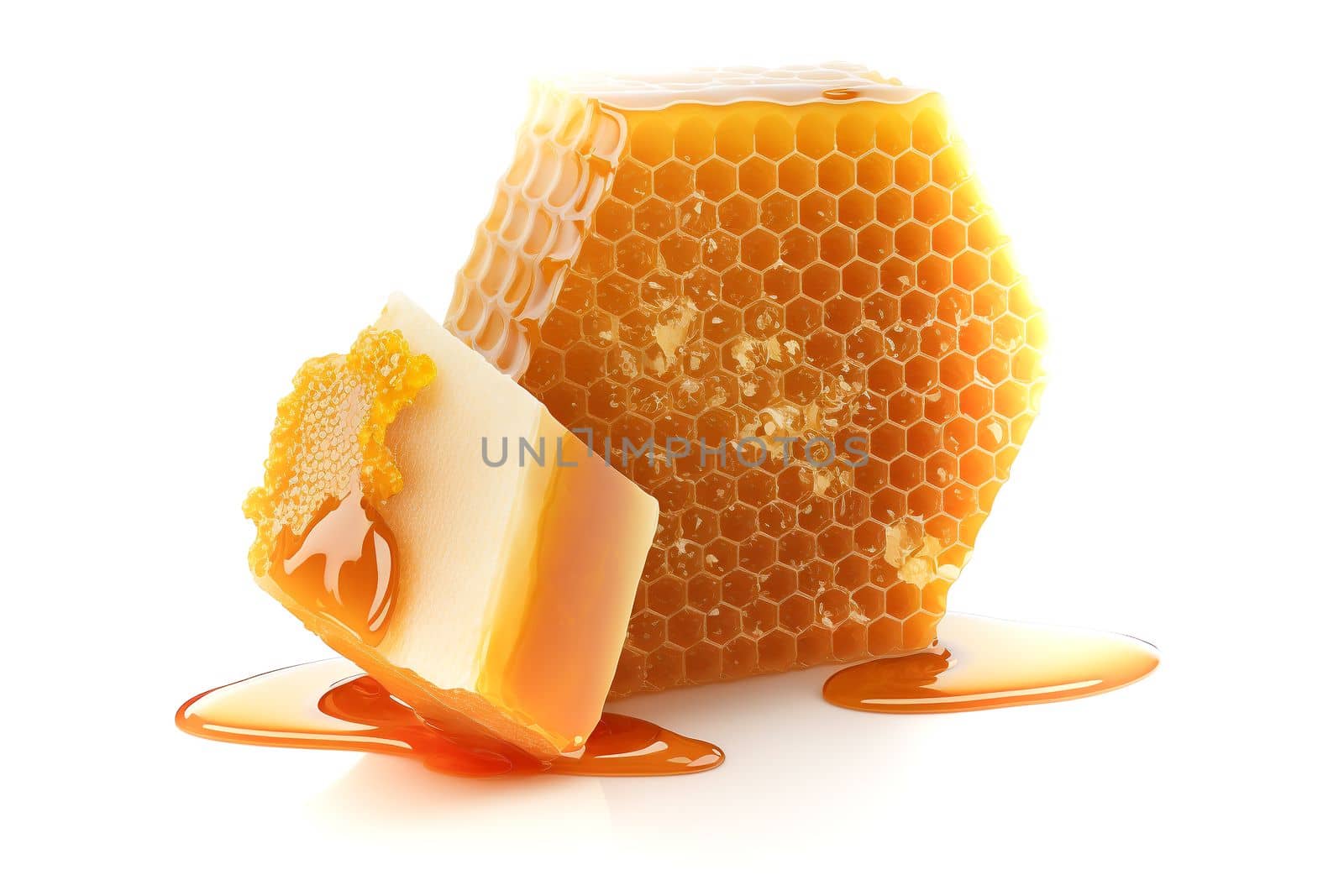 Honeycomb with flowing honey syrup, isolated on a white background