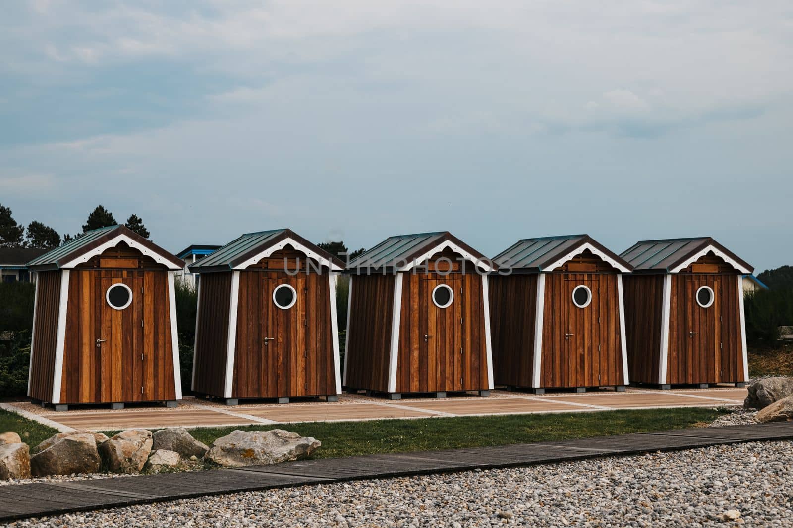 Wooden houses on the ocean coast bathing cabins at Saint marguerite sur mer