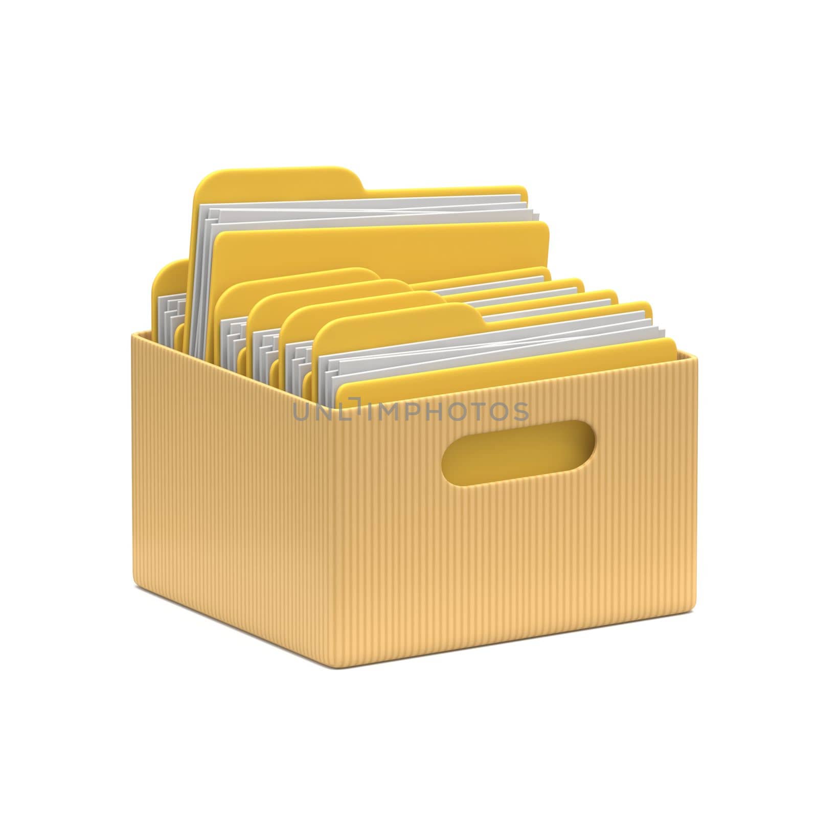 Cardboard box with yellow folders 3D rendering illustration isolated on white background