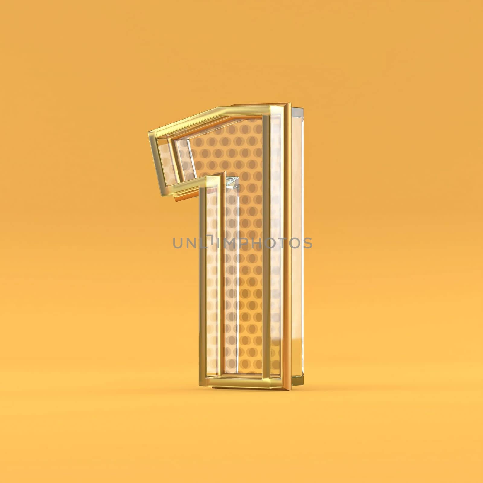 Gold wire and glass font Number 1 ONE 3D rendering illustration isolated on orange background