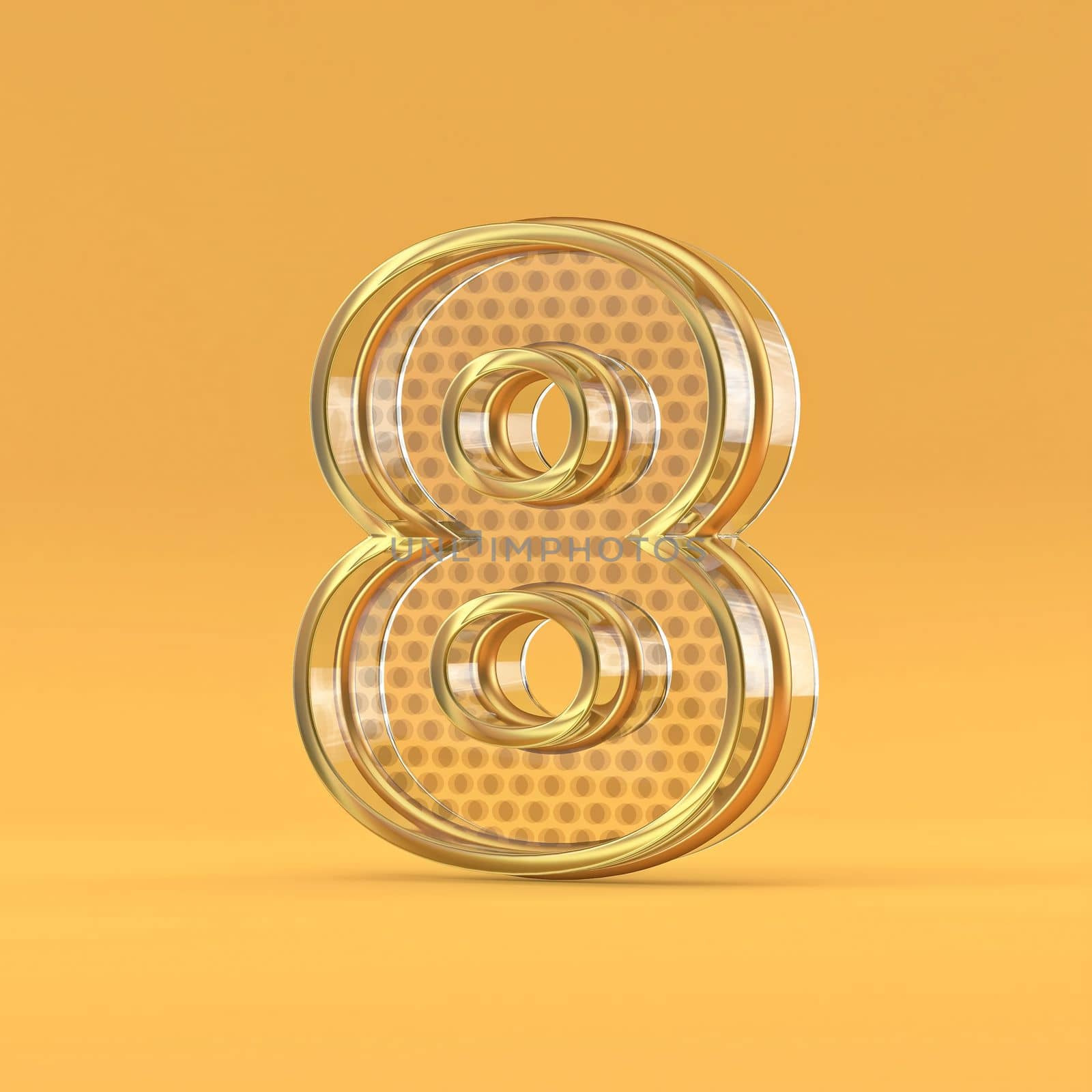 Gold wire and glass font Number 8 EIGHT 3D rendering illustration isolated on orange background