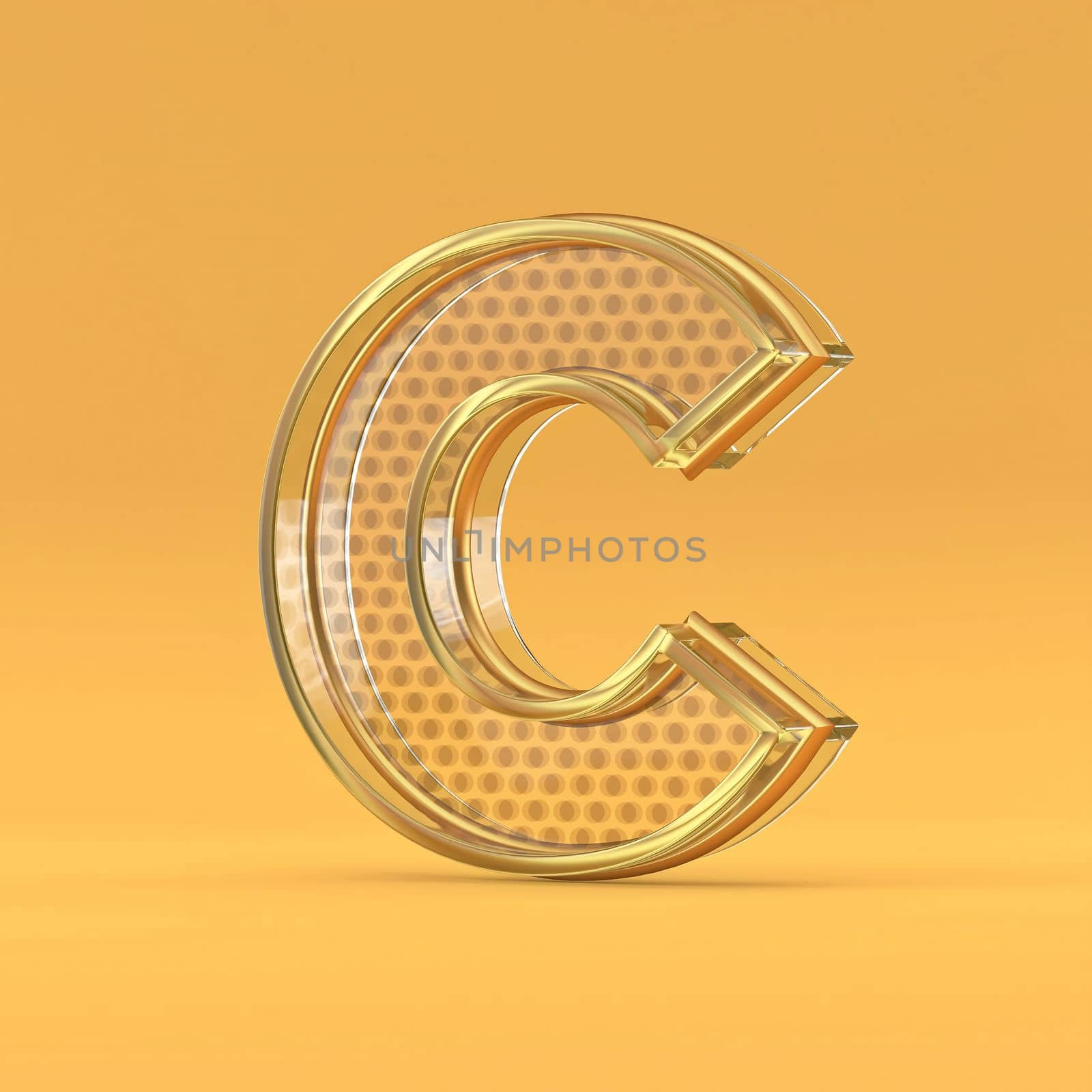 Gold wire and glass font letter C 3D rendering illustration isolated on orange background