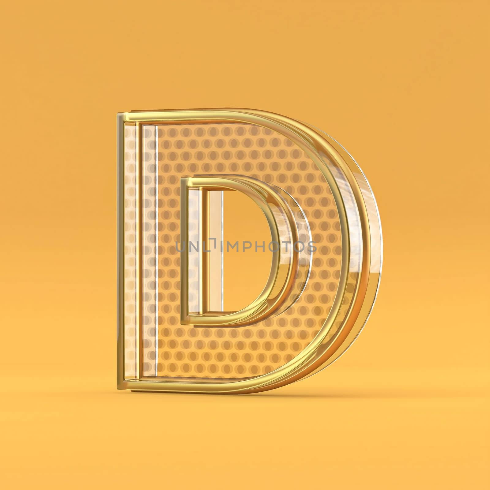 Gold wire and glass font letter D 3D rendering illustration isolated on orange background
