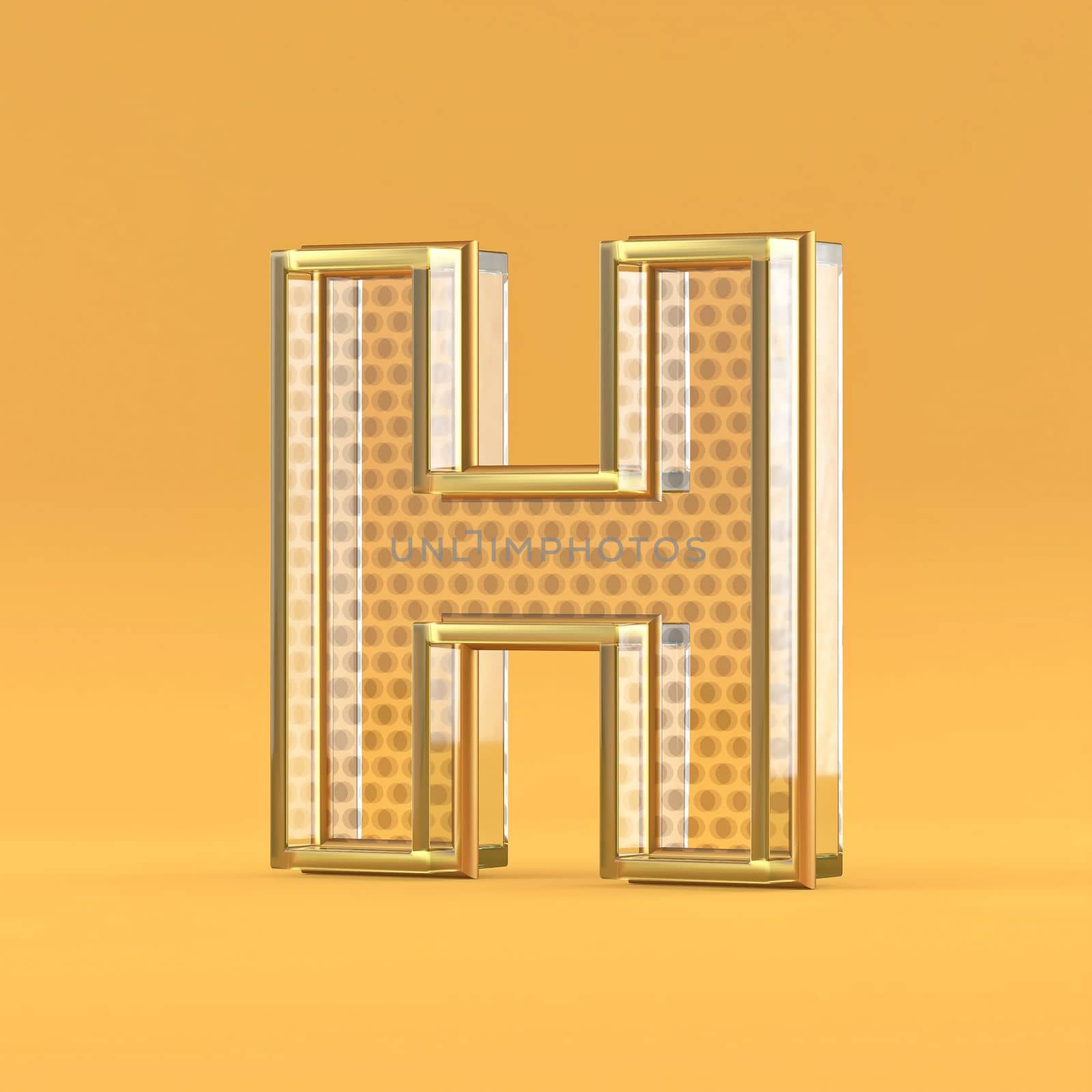 Gold wire and glass font letter H 3D rendering illustration isolated on orange background