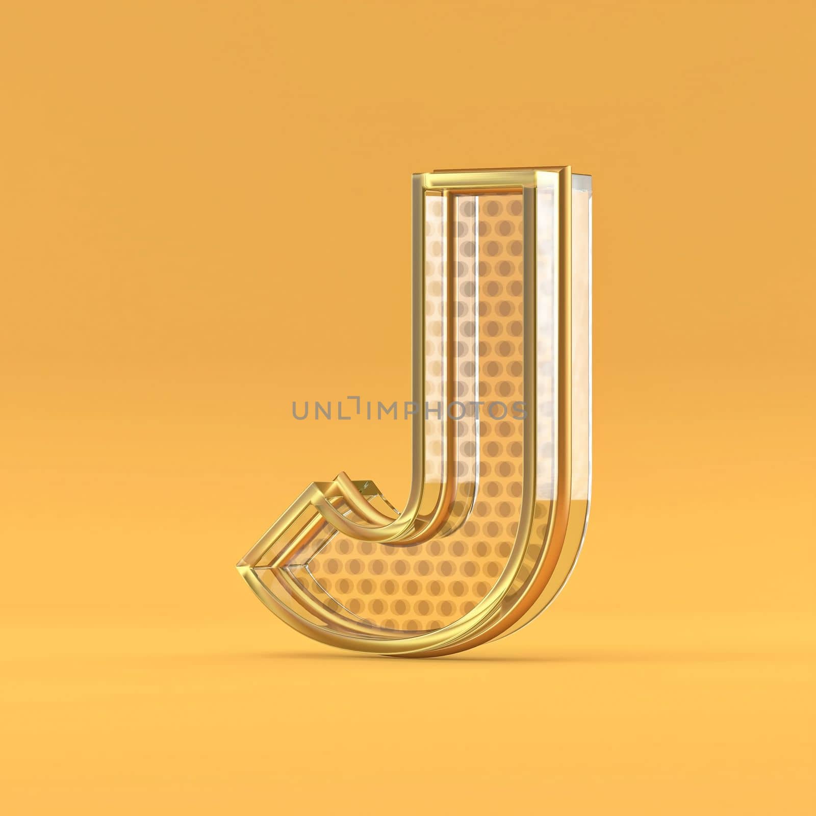 Gold wire and glass font letter J 3D rendering illustration isolated on orange background