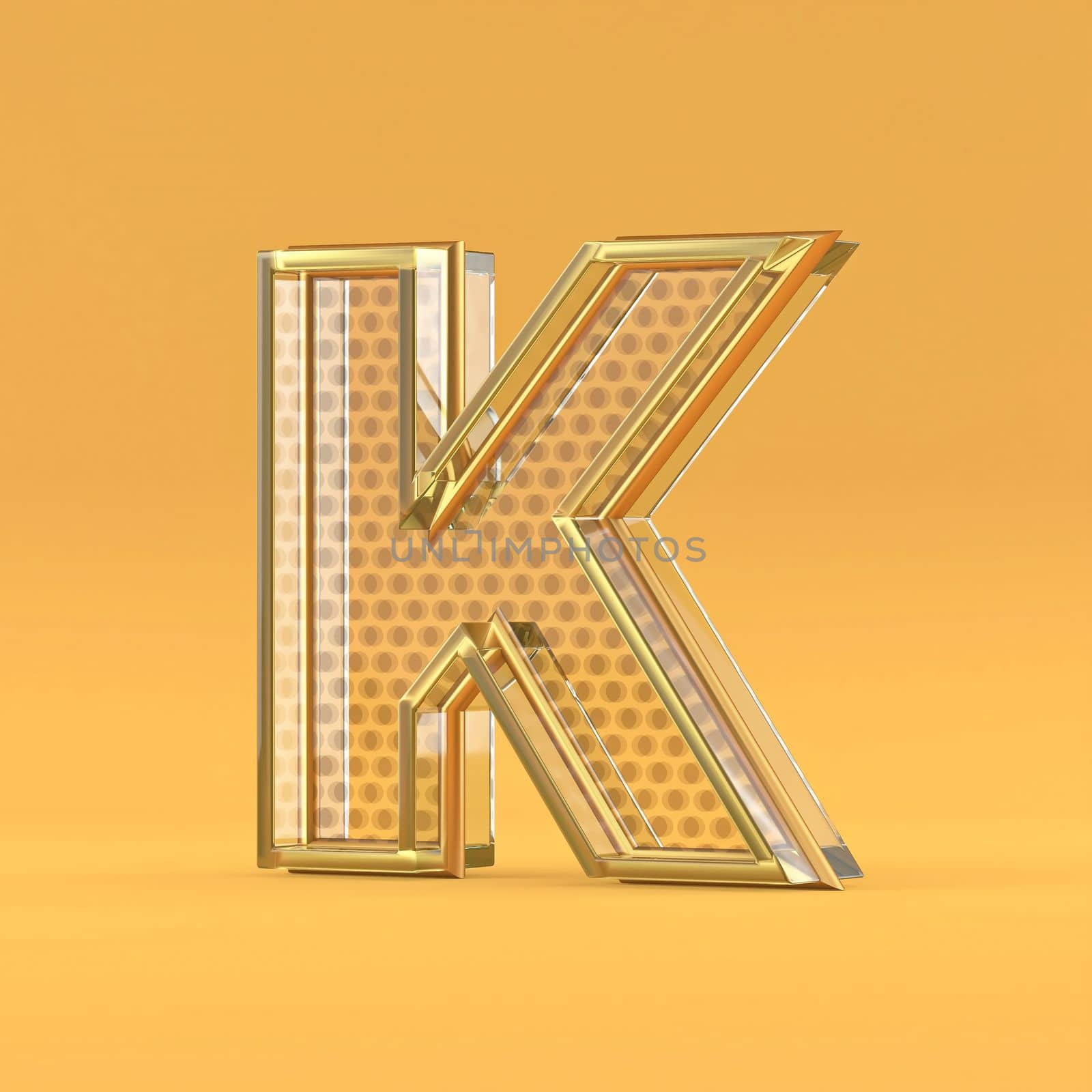 Gold wire and glass font letter K 3D rendering illustration isolated on orange background