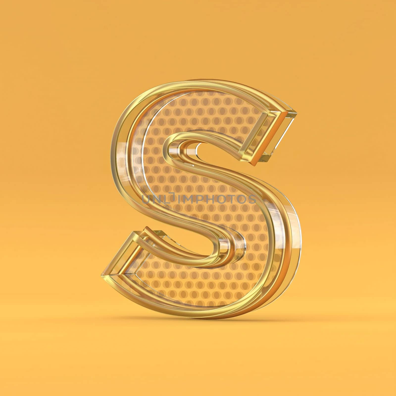 Gold wire and glass font letter S 3D rendering illustration isolated on orange background