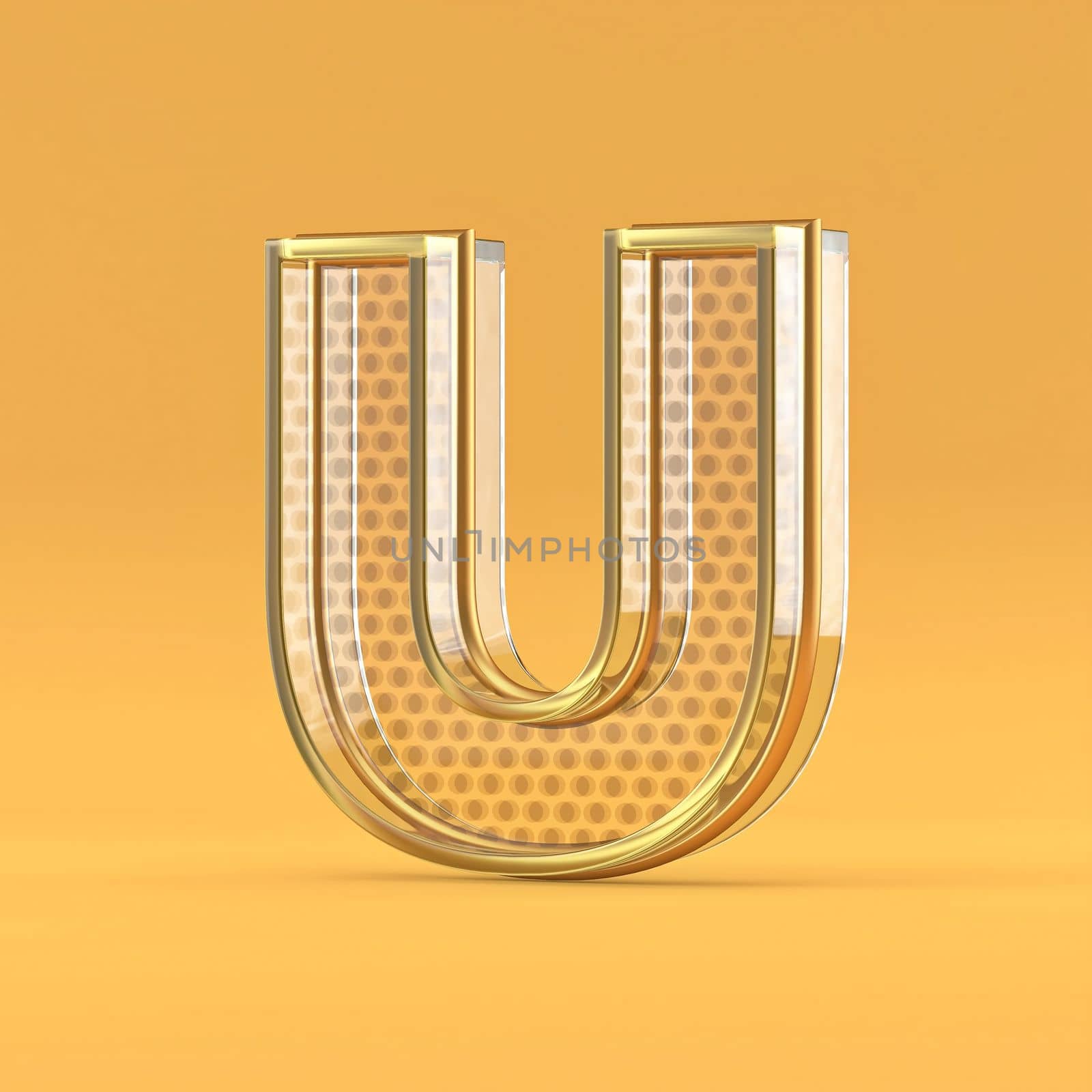 Gold wire and glass font letter U 3D rendering illustration isolated on orange background