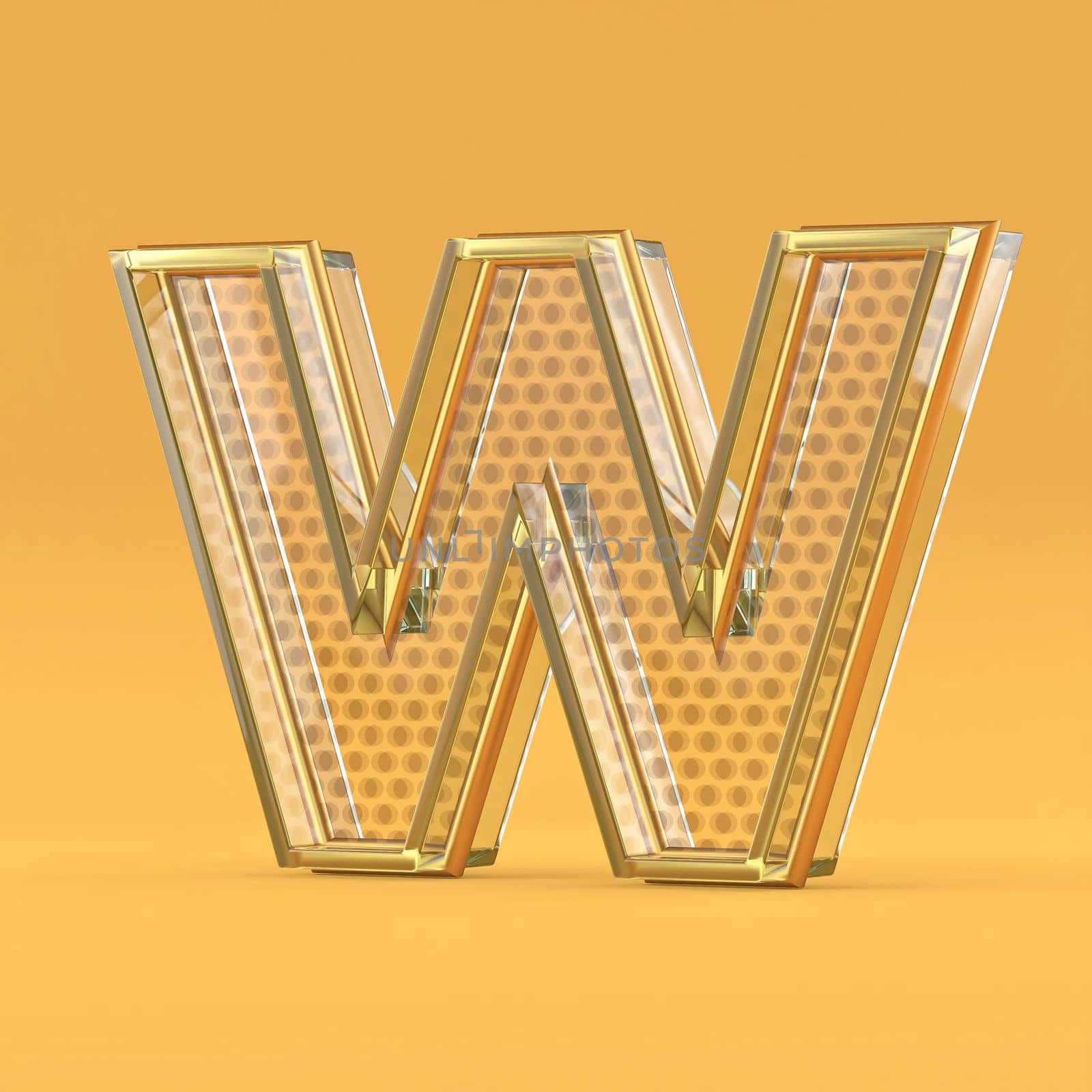 Gold wire and glass font letter W 3D rendering illustration isolated on orange background